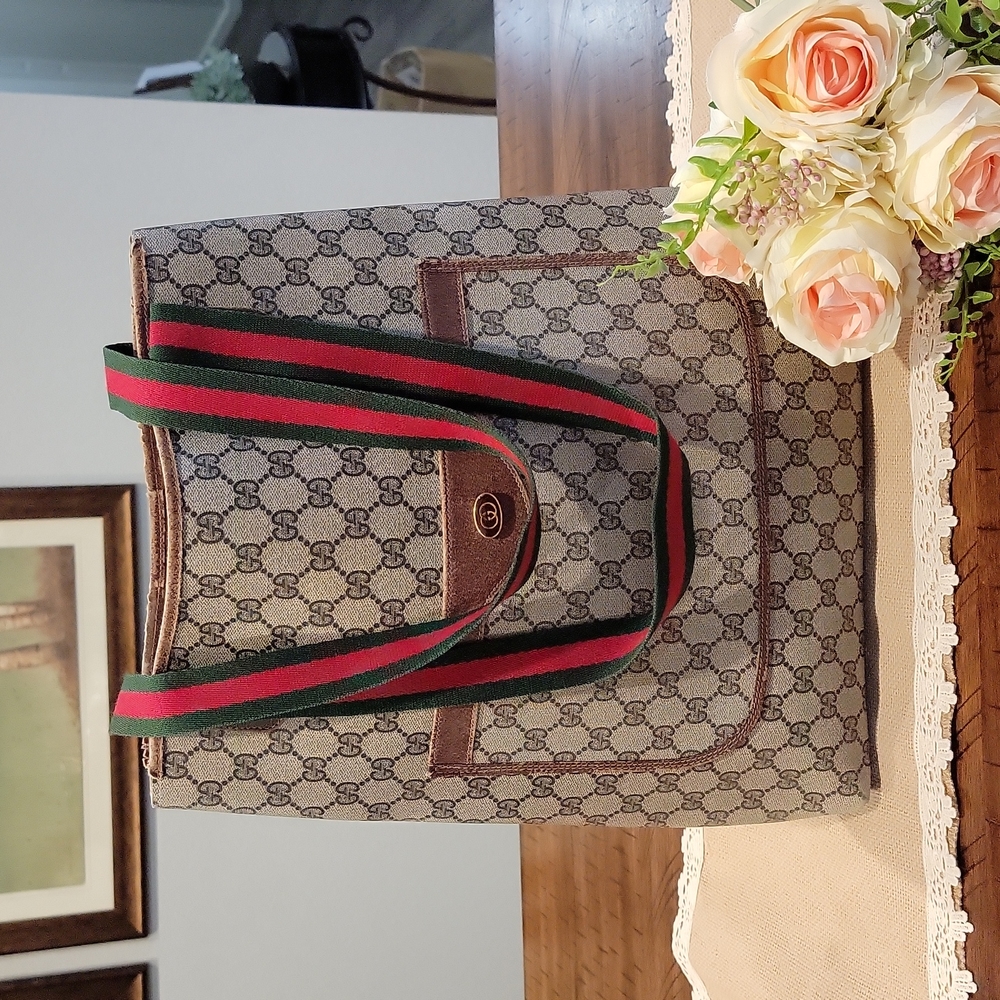 Gucci Beige GG Canvas Tote with Green-Red Web Straps